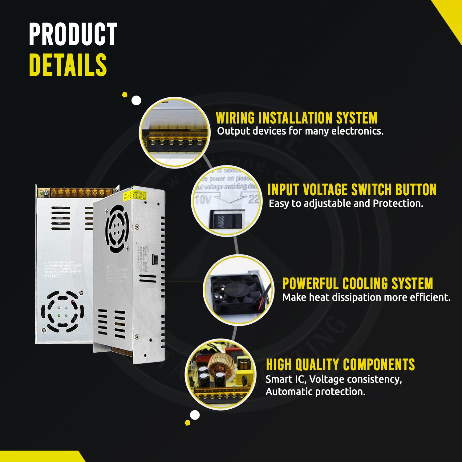 AC to DC transformer converting 100/240V to 12V, suitable for LED lighting applications.