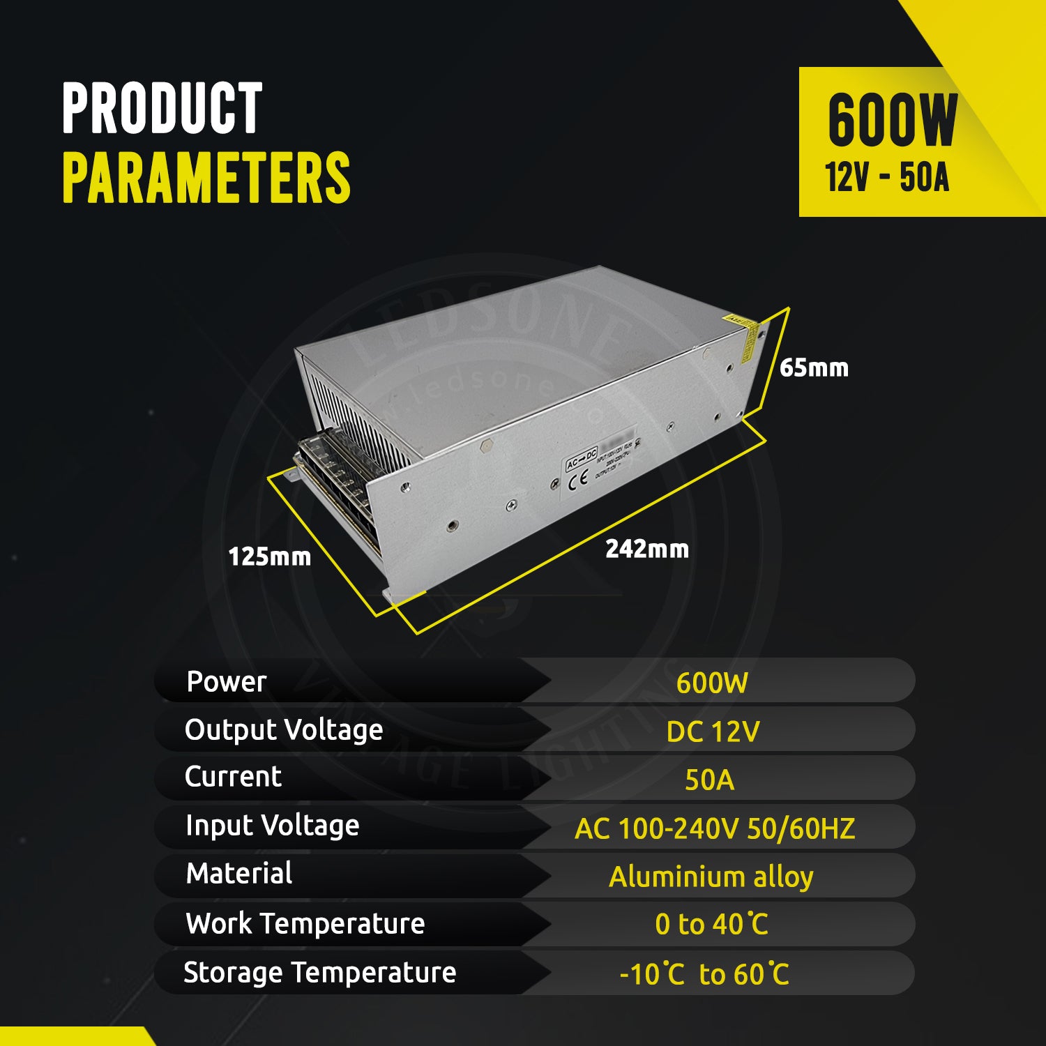 AC to DC transformer converting 100/240V to 12V, suitable for LED lighting applications.