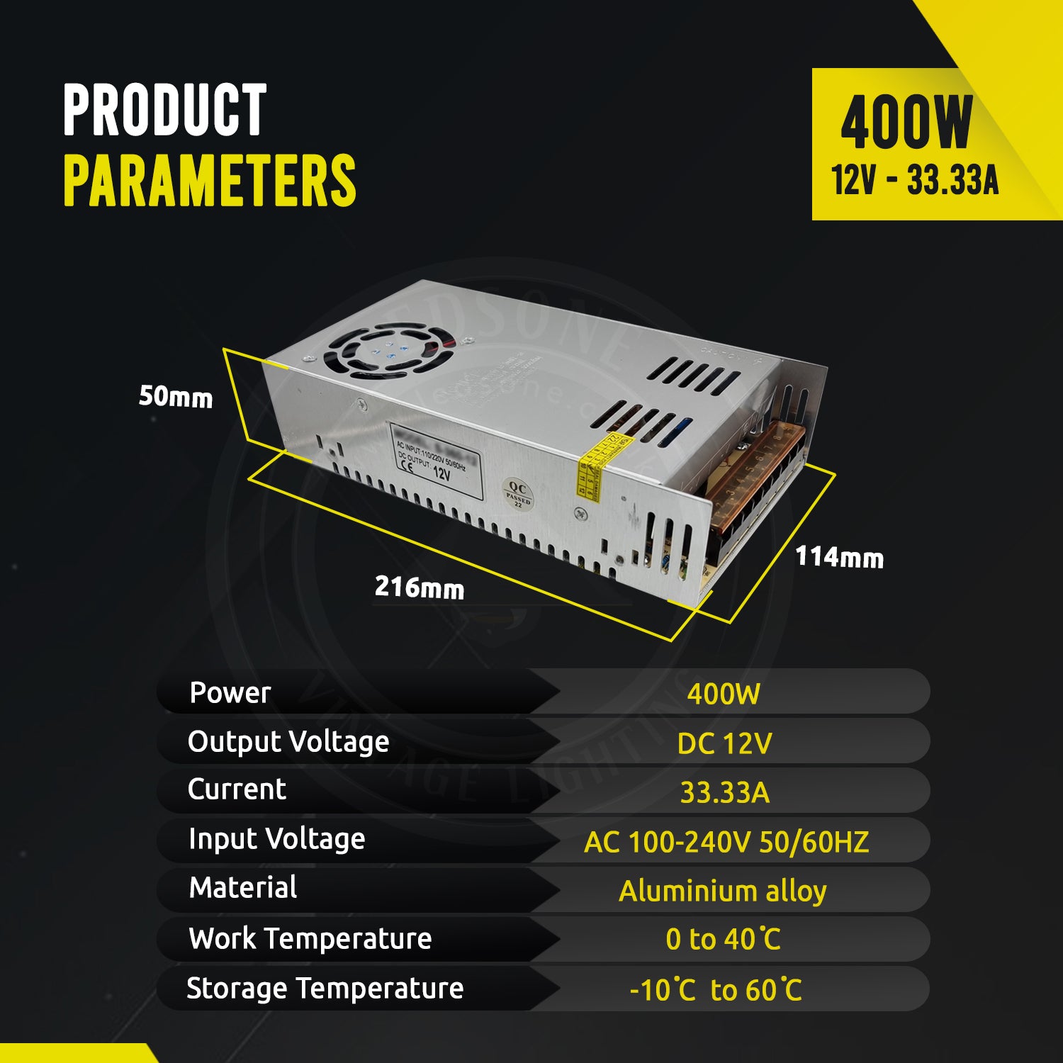 AC to DC transformer converting 100/240V to 12V, suitable for LED lighting applications.