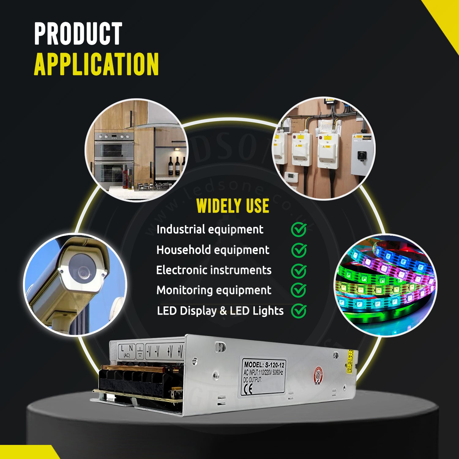 AC to DC transformer converting 100/240V to 12V, suitable for LED lighting applications.