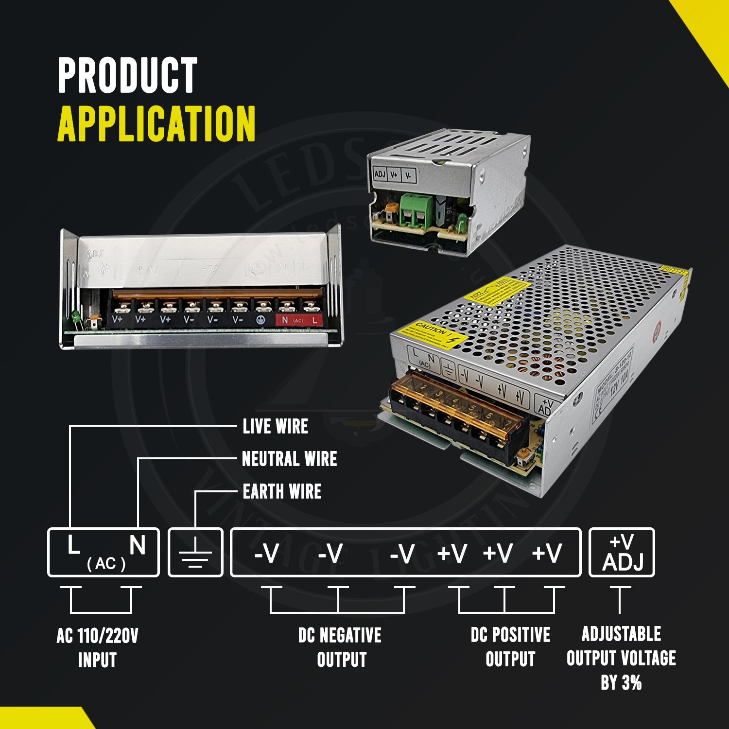 AC to DC transformer converting 100/240V to 12V, suitable for LED lighting applications.