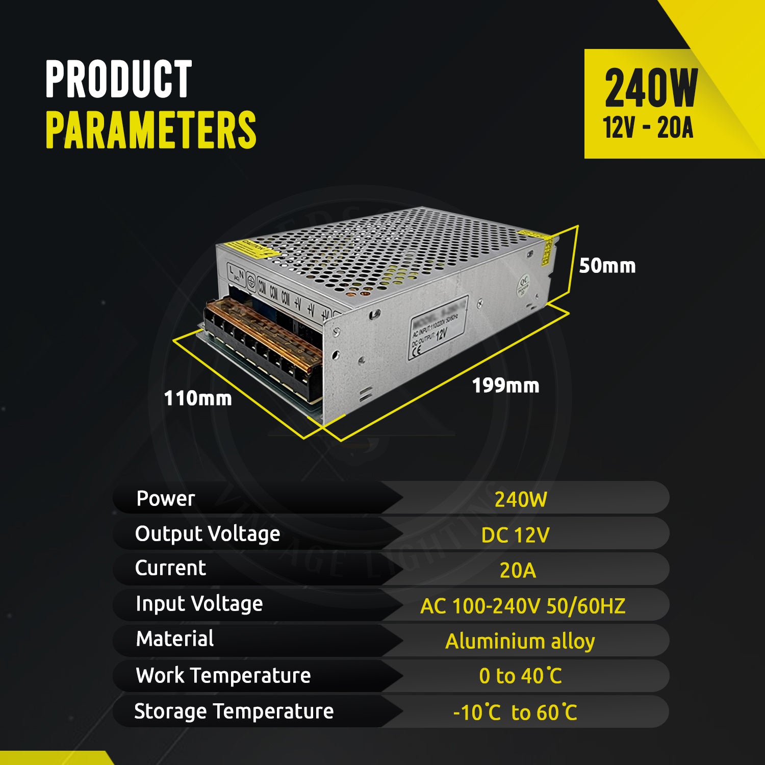 AC to DC transformer converting 100/240V to 12V, suitable for LED lighting applications.