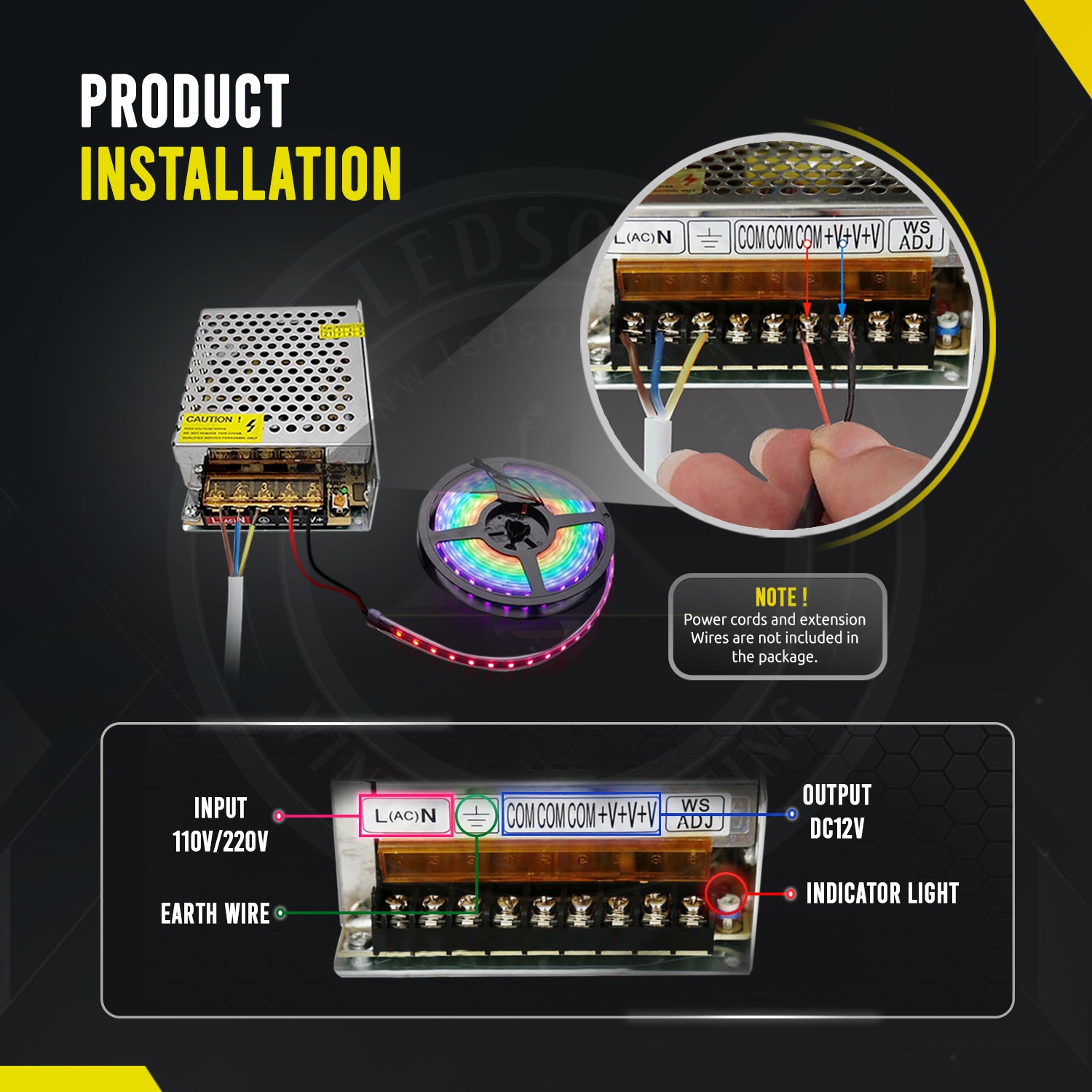 AC to DC transformer converting 100/240V to 12V, suitable for LED lighting applications.