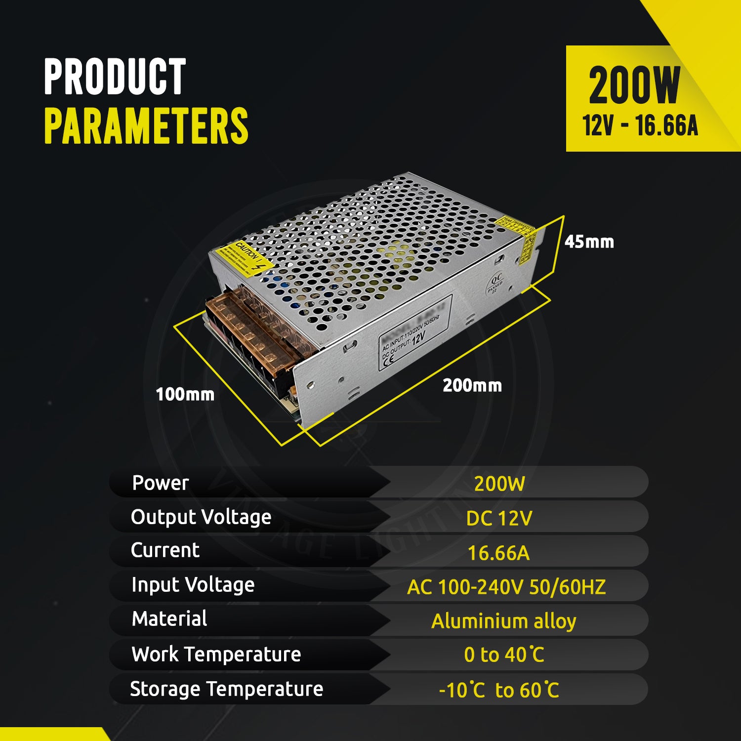 AC to DC transformer converting 100/240V to 12V, suitable for LED lighting applications.