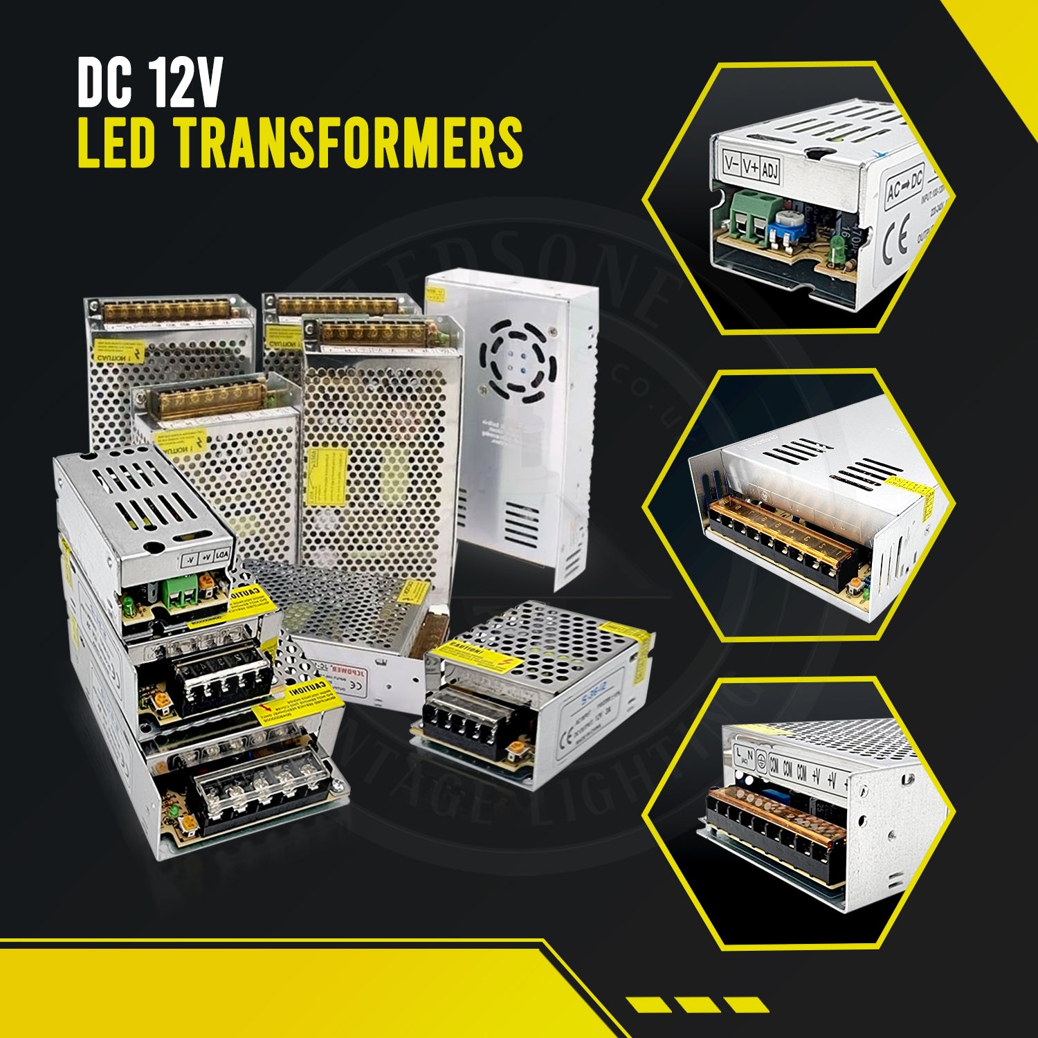 AC to DC transformer converting 100/240V to 12V, suitable for LED lighting applications.