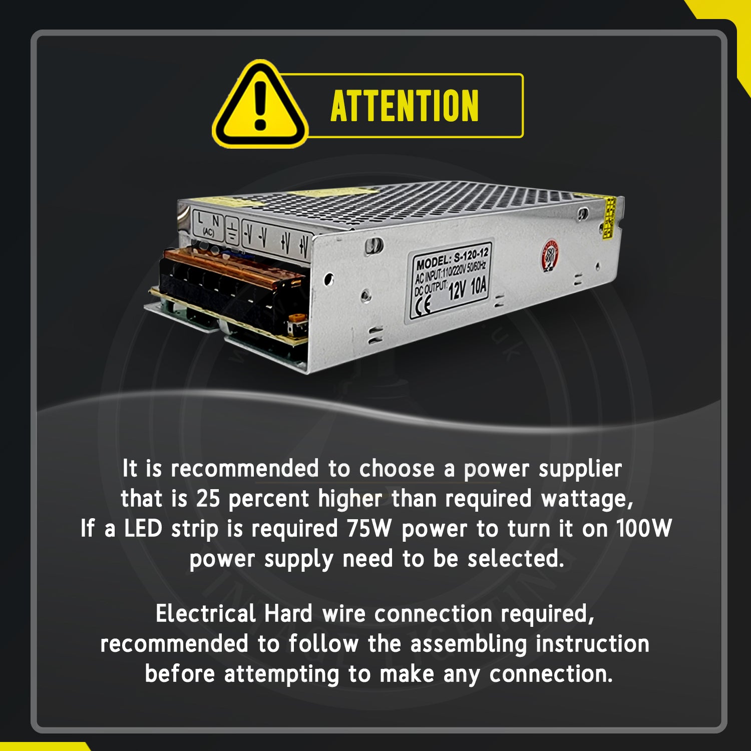 AC to DC transformer converting 100/240V to 12V, suitable for LED lighting applications.