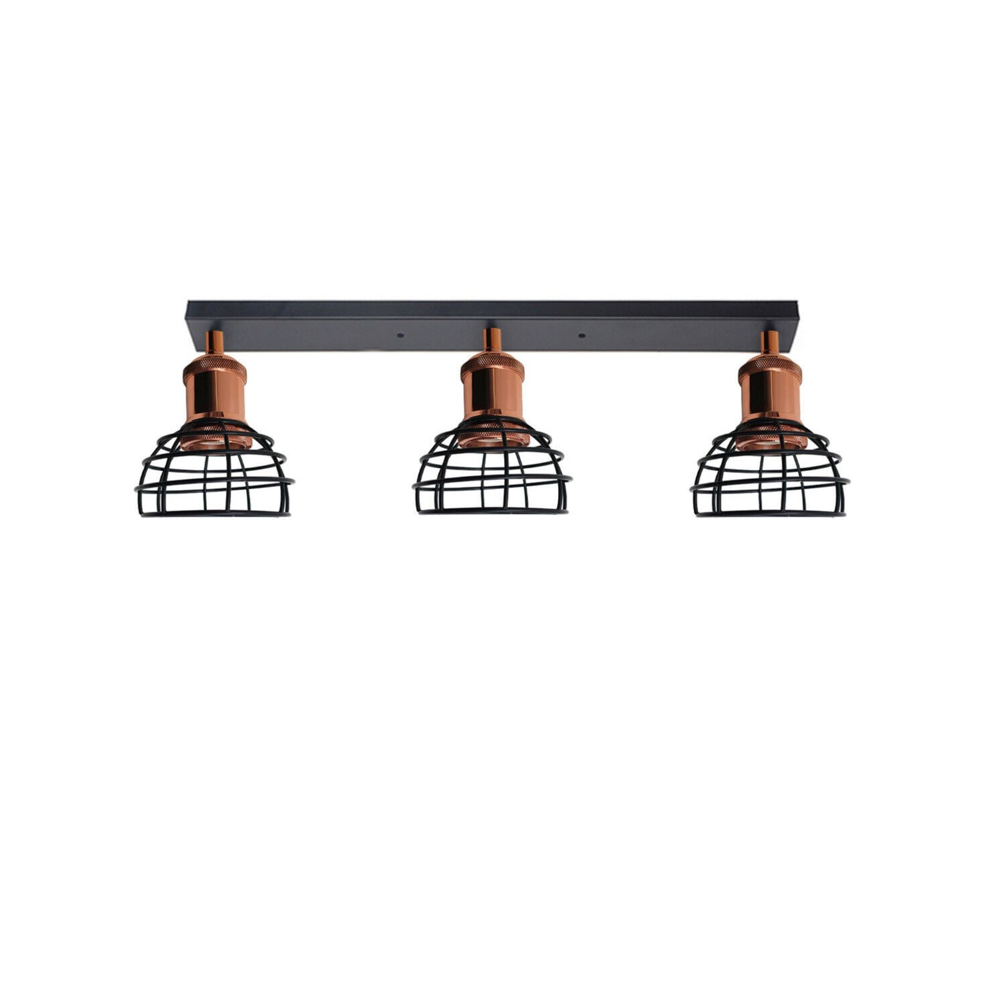 Adjustable Light Bed Living Room Light featuring a retro design with three light cages and a black and rose gold finish.