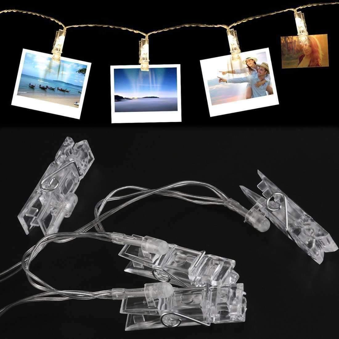 AMZER Fairy Photo Clip String Light featuring 10 LED clips with warm white light, perfect for displaying photos and creating a cozy atmosphere.