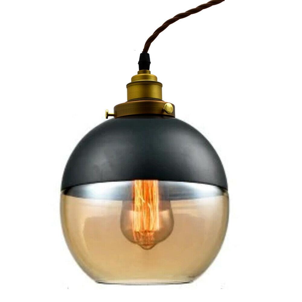 Ball Shape Retro Vintage Style Glass Amber Ceiling Pendant Light with adjustable cord and iron hardware, showcasing a warm amber glow.