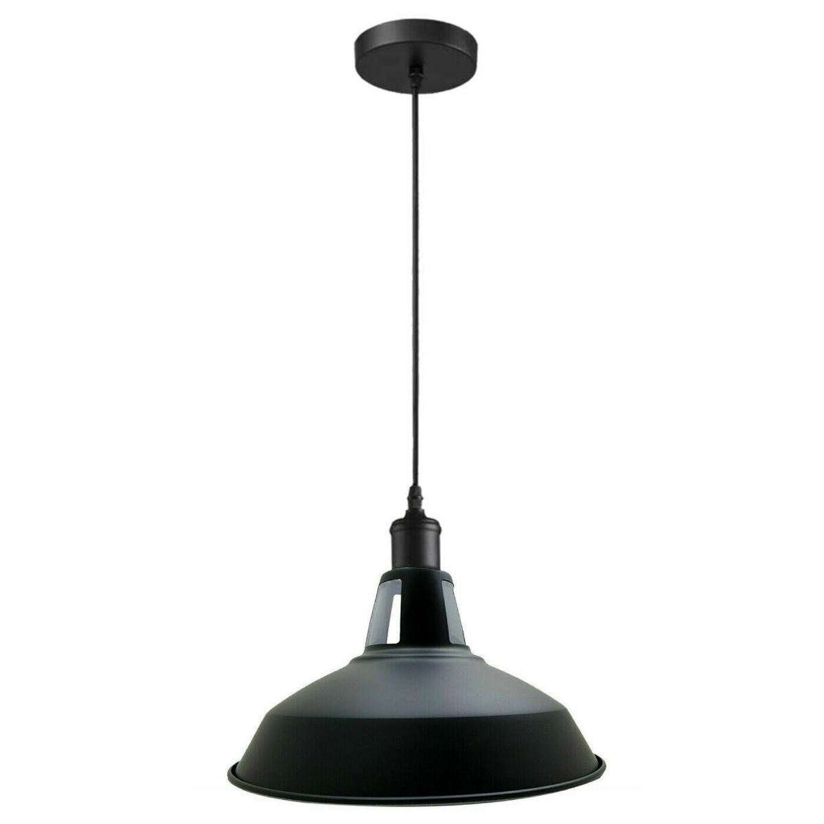 Barn Hanging Pendant Light with black exterior and white inner shade, showcasing its industrial style and metal construction.