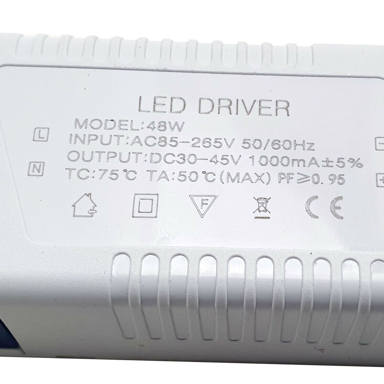 Black and white LED transformer designed for constant current output, suitable for various indoor lighting applications.