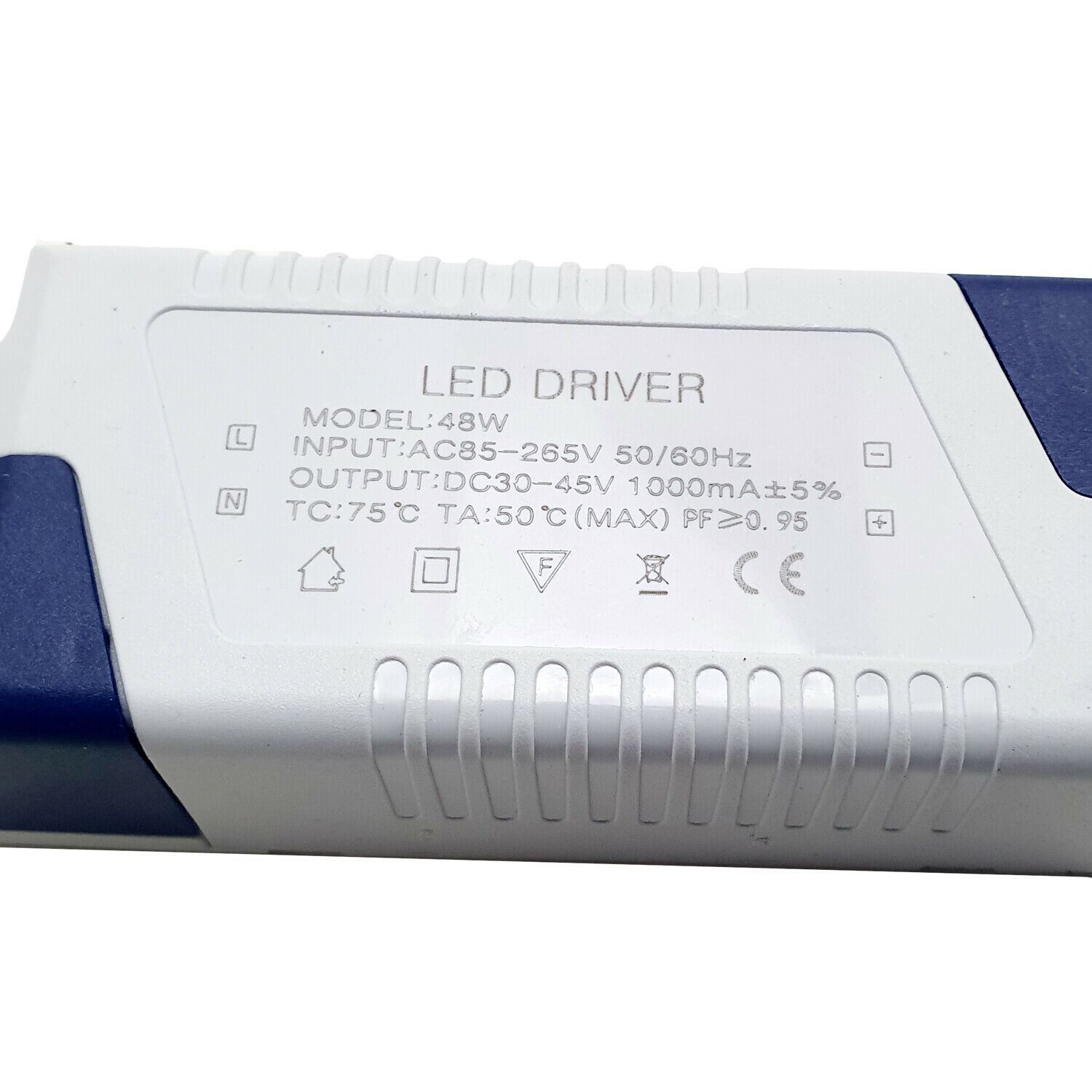 Black and white LED transformer designed for constant current output, suitable for various indoor lighting applications.