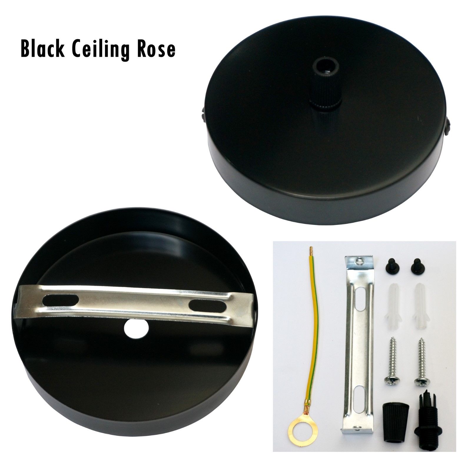 Black Ceiling Rose Pendant Light fitting with a round design, ideal for chandeliers and decorative lighting in modern interiors.