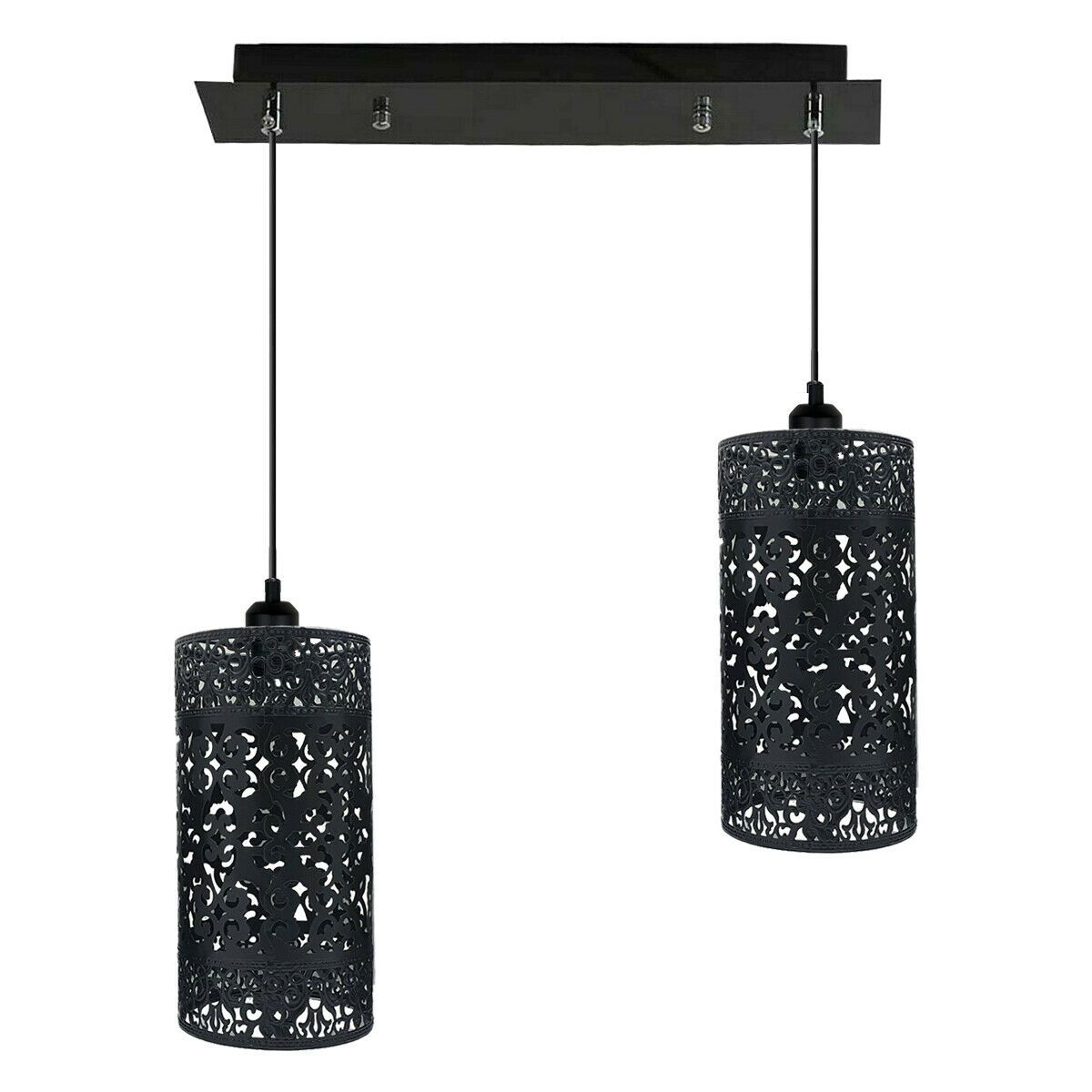 Black Double Head Cage Pendant Light with quatrefoil design and rustic finish, ideal for modern and farmhouse decor.