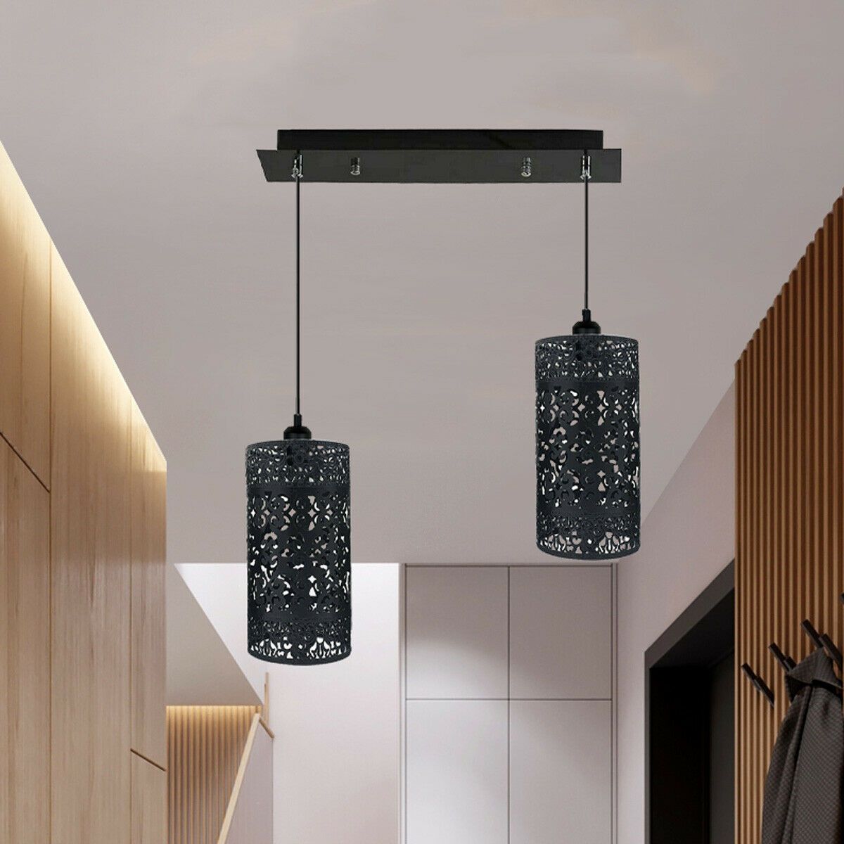 Black Double Head Cage Pendant Light with quatrefoil design and rustic finish, ideal for modern and farmhouse decor.