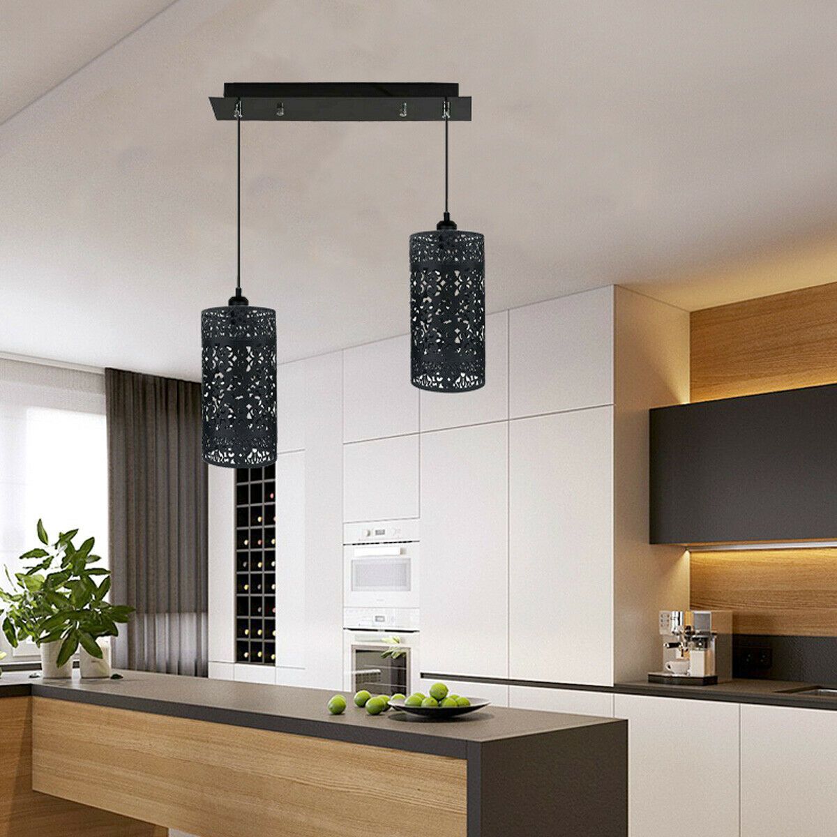 Black Double Head Cage Pendant Light with quatrefoil design and rustic finish, ideal for modern and farmhouse decor.