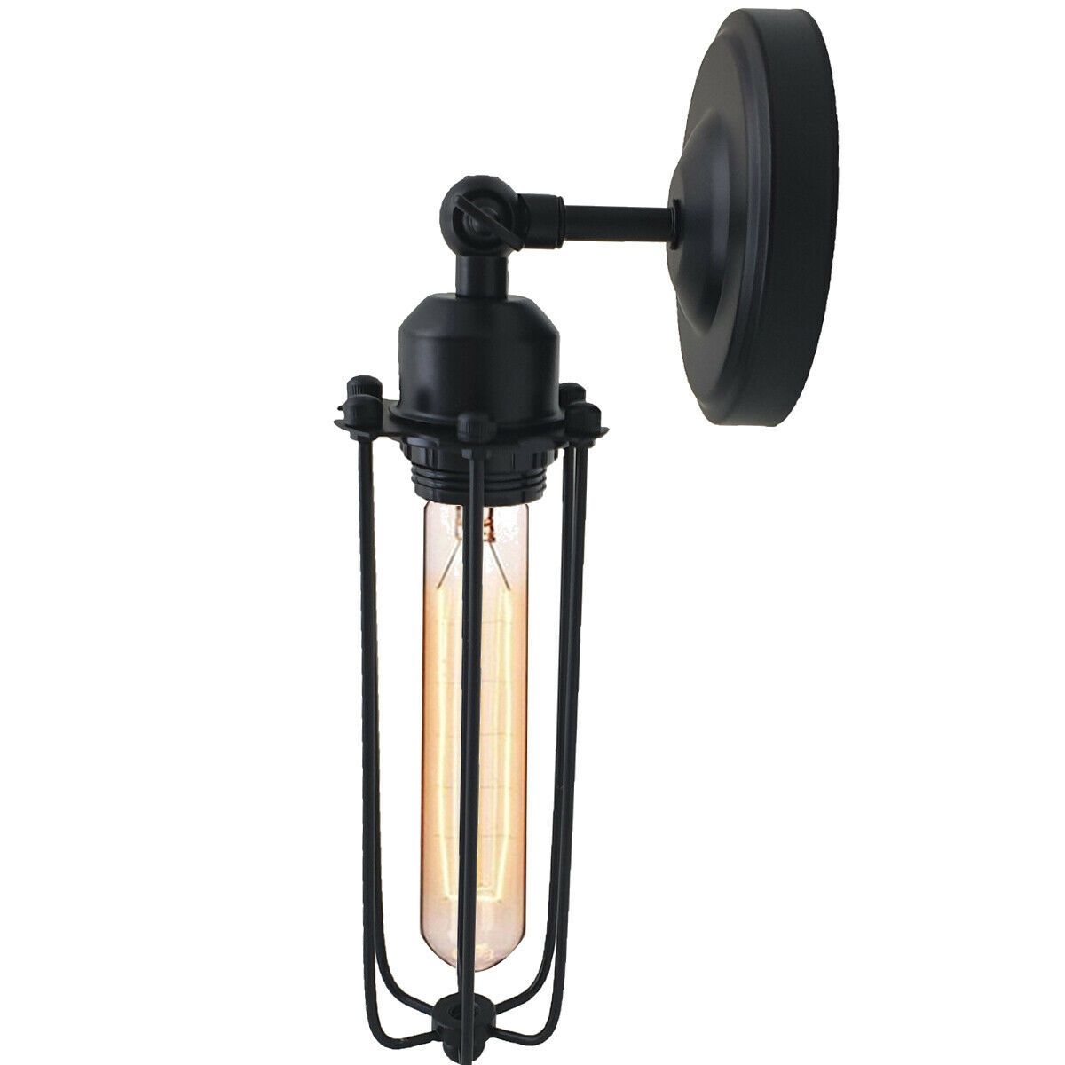 Black Industrial Long Cage Wall Light showcasing a metal wire shade and modern design, perfect for indoor spaces.