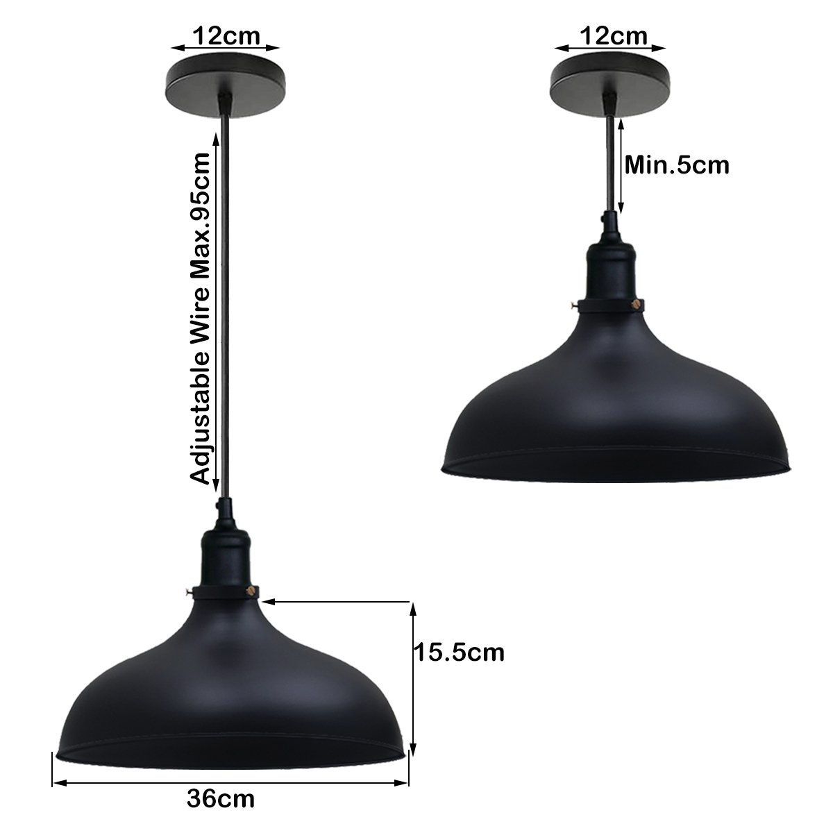 Black Industrial Retro Ceiling Pendant Light with metal dome shade, adjustable cable, and vintage design, perfect for indoor lighting.