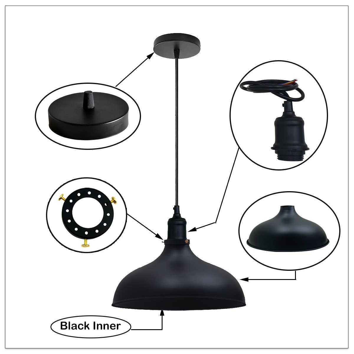 Black Industrial Retro Ceiling Pendant Light with metal dome shade, adjustable cable, and vintage design, perfect for indoor lighting.