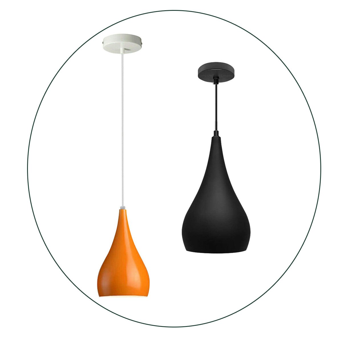 Black and orange industrial teardrop pendant ceiling light with brushed nickel finish, showcasing a modern design suitable for various interiors.