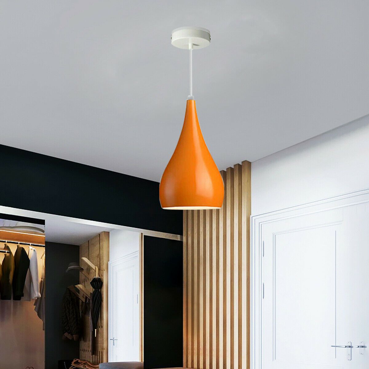 Black and orange industrial teardrop pendant ceiling light with brushed nickel finish, showcasing a modern design suitable for various interiors.