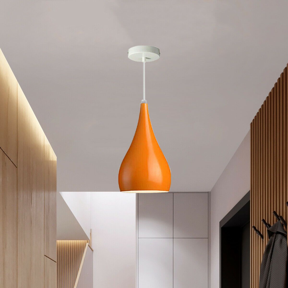 Black and orange industrial teardrop pendant ceiling light with brushed nickel finish, showcasing a modern design suitable for various interiors.