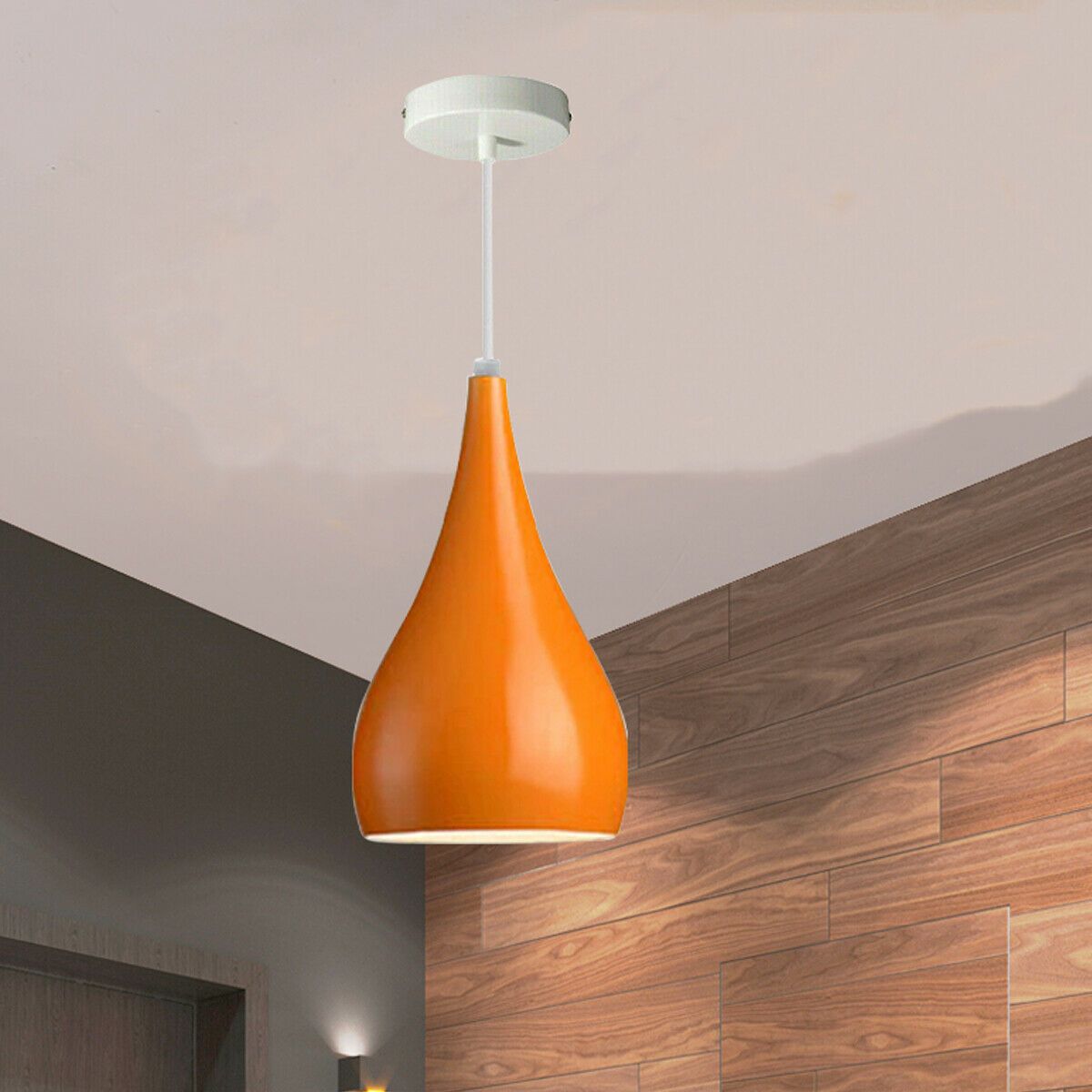 Black and orange industrial teardrop pendant ceiling light with brushed nickel finish, showcasing a modern design suitable for various interiors.