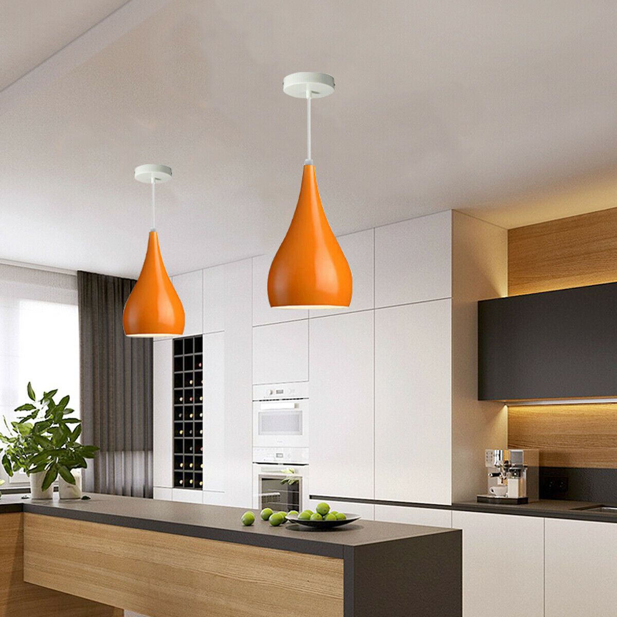 Black and orange industrial teardrop pendant ceiling light with brushed nickel finish, showcasing a modern design suitable for various interiors.