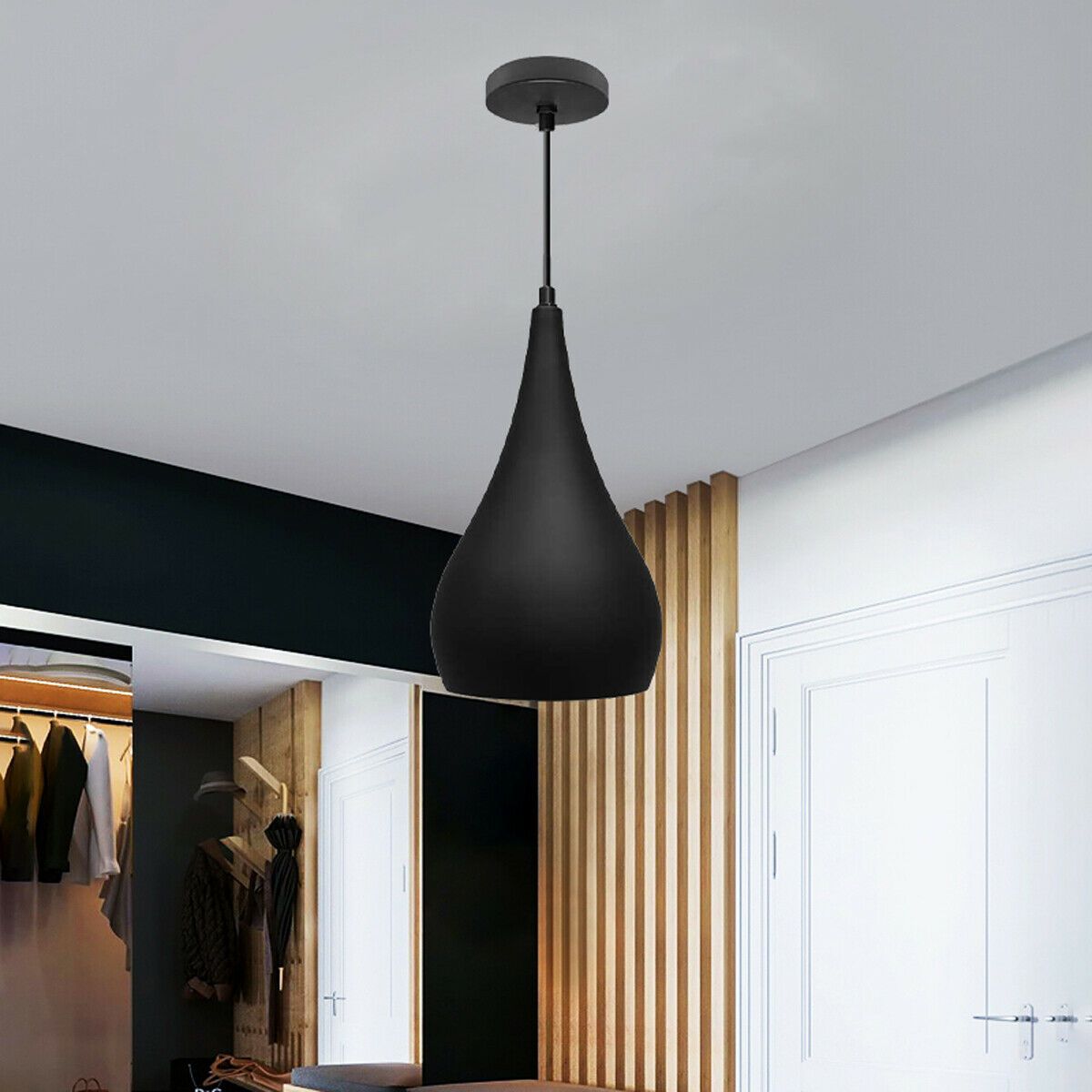 Black and orange industrial teardrop pendant ceiling light with brushed nickel finish, showcasing a modern design suitable for various interiors.