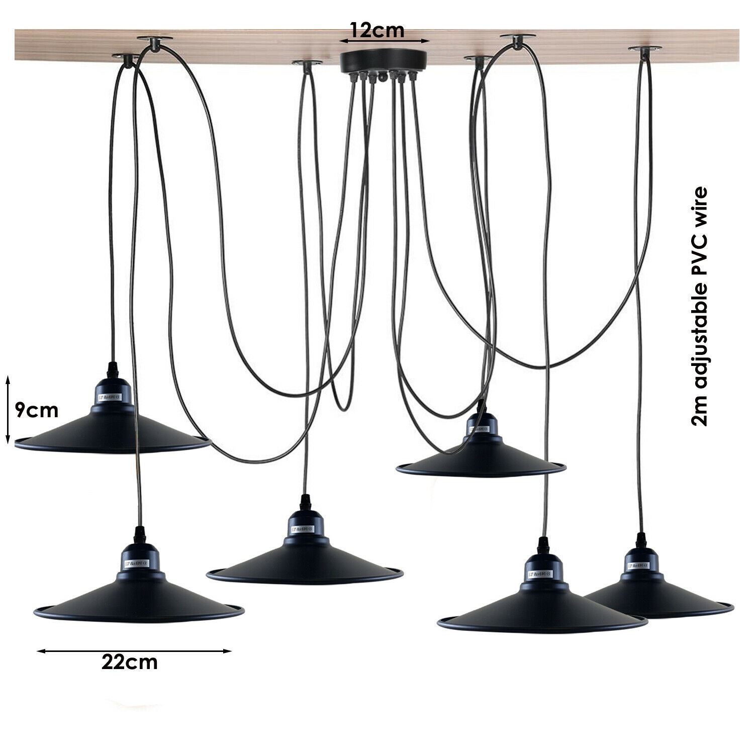 Black Retro Loft Spider 6 Way Ceiling Light with adjustable metal arms and E27 lamp holders, perfect for stylish home decor.