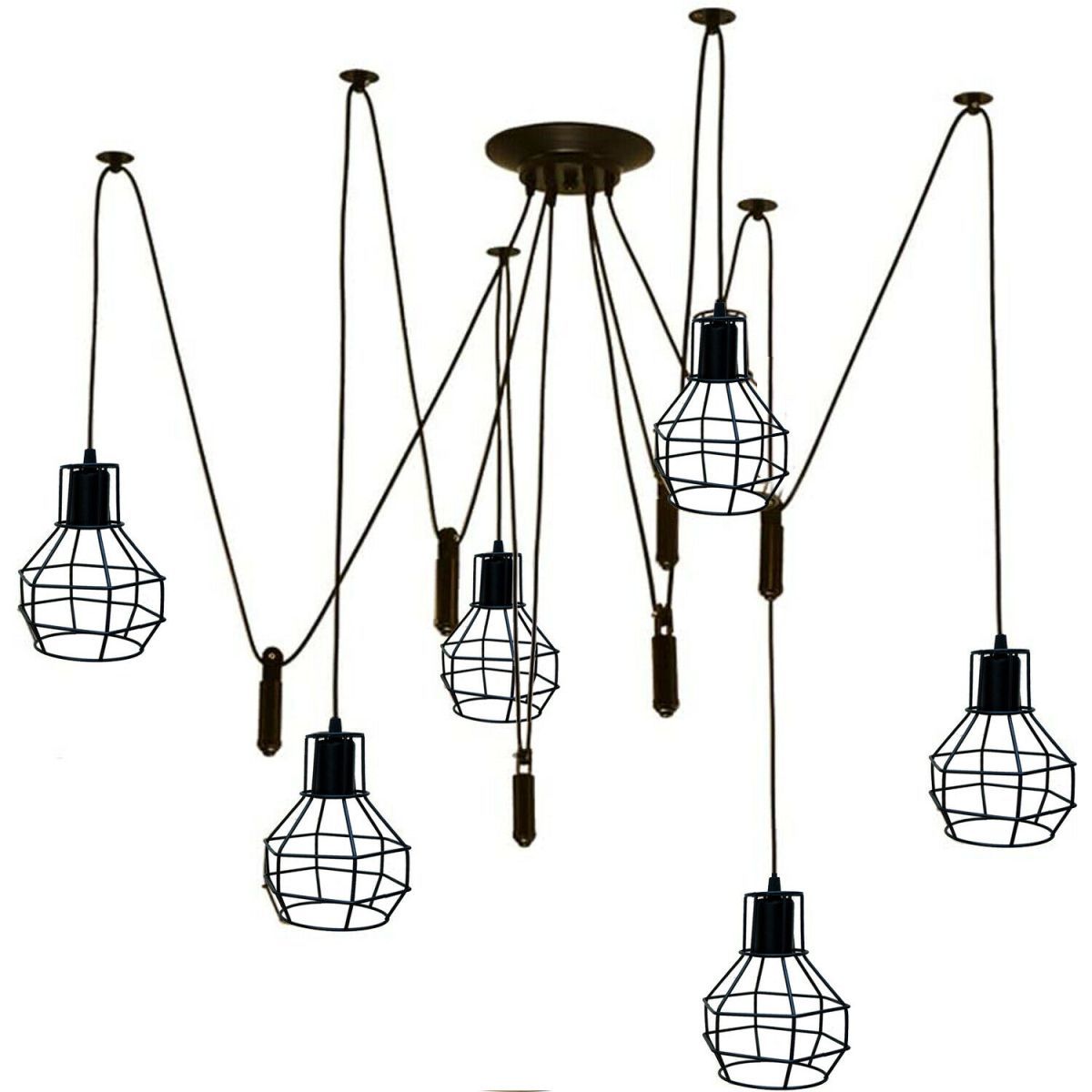 Black Spider Chandelier featuring a wire cage design with six E27 lamp holders, perfect for stylish home decor.