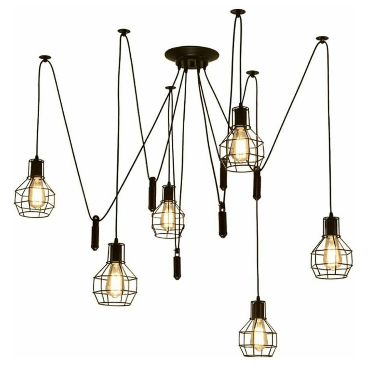 Black Spider Chandelier featuring a wire cage design with six E27 lamp holders, perfect for stylish home decor.