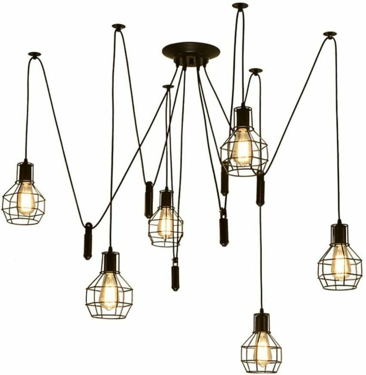 Black Spider Chandelier featuring a wire cage design with six E27 lamp holders, perfect for stylish home decor.