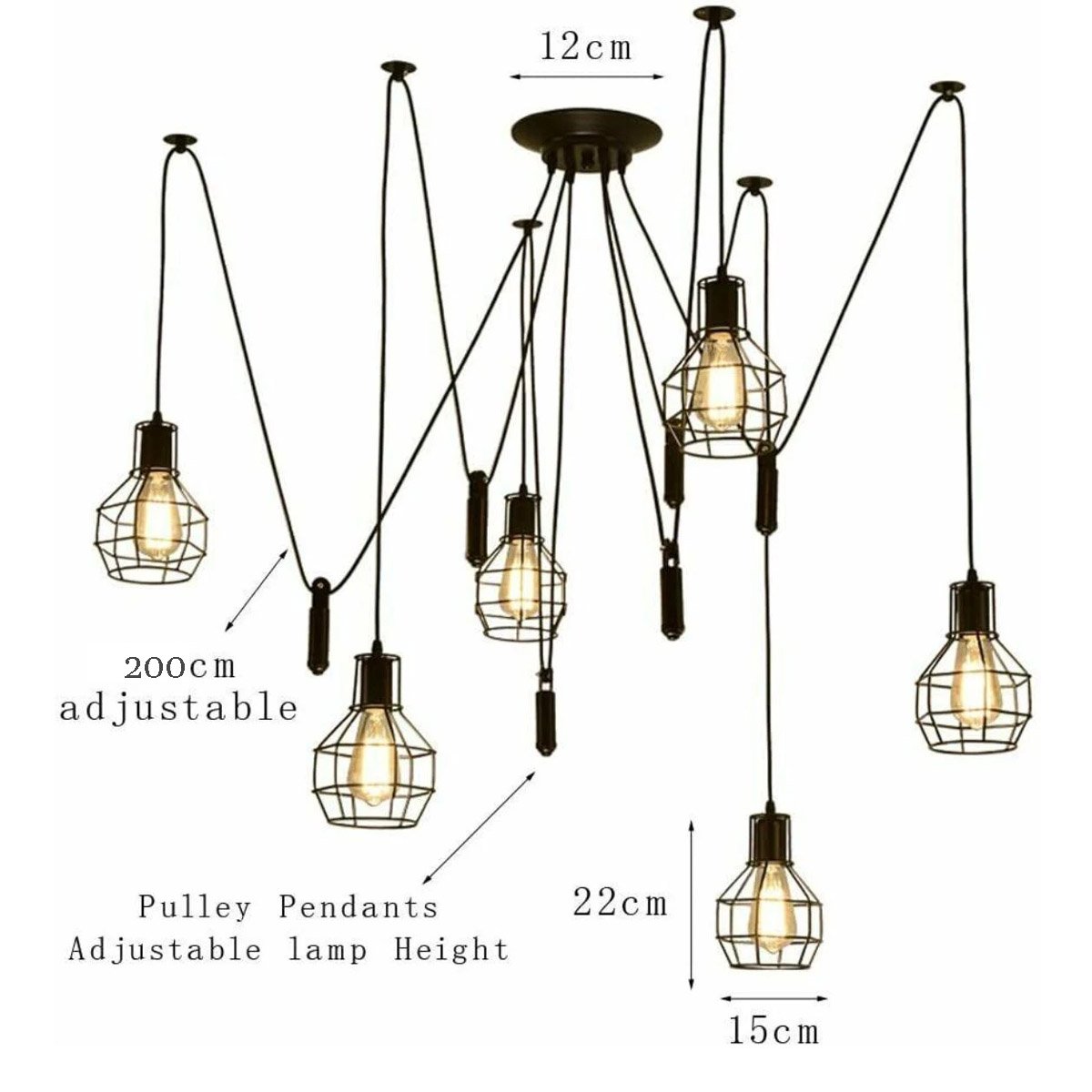 Black Spider Chandelier featuring a wire cage design with six E27 lamp holders, perfect for stylish home decor.