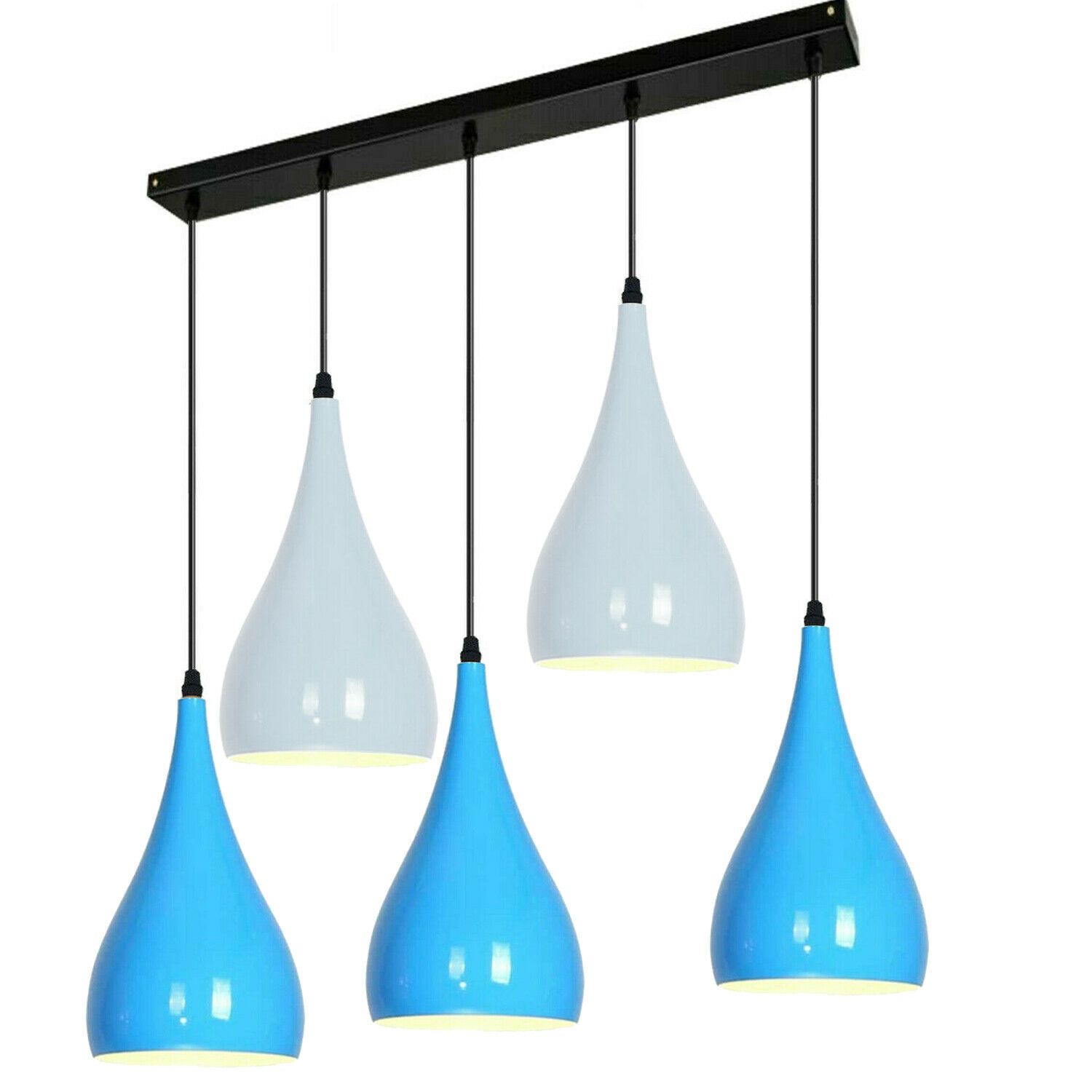 Blue and white industrial pendant light with five outlets, showcasing a modern design suitable for various interiors.