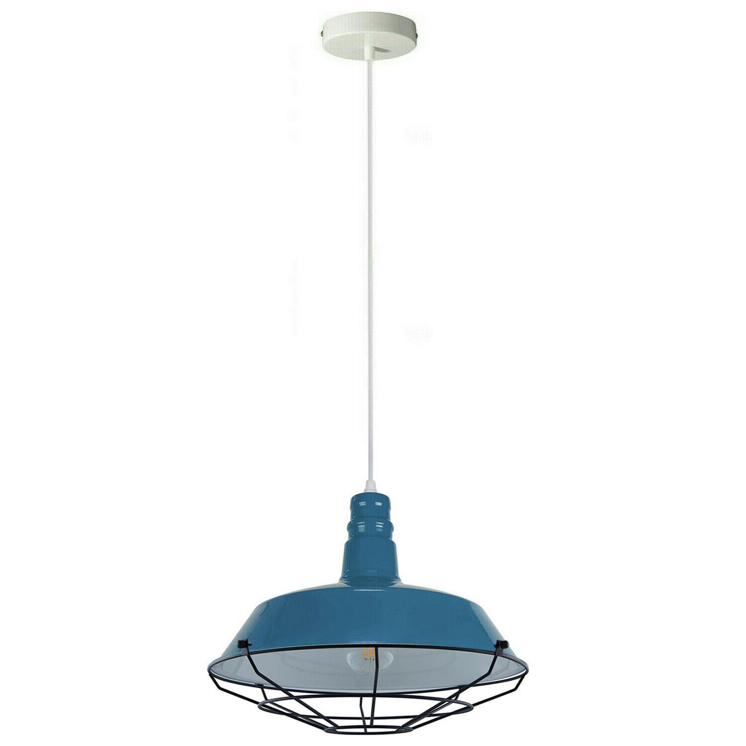 Blue pendant light with metal lampshade, adjustable wire, modern industrial design.