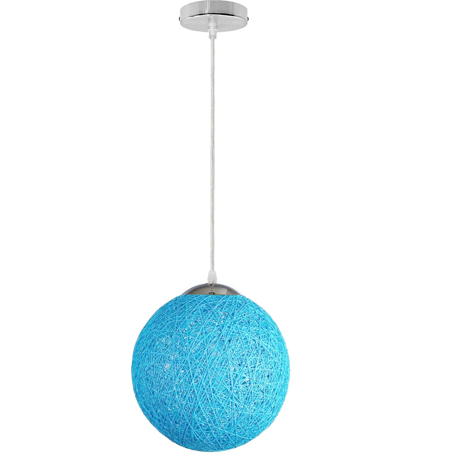 Blue rattan ceiling light shade with intricate wicker design, illuminating a stylish interior space.