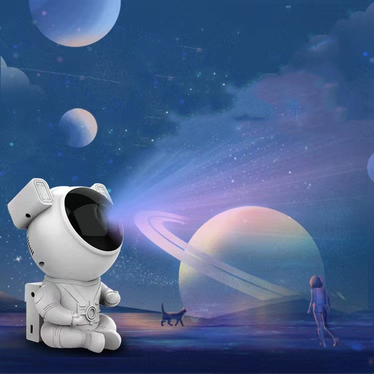 Bluetooth Music Sitting Astronaut Star Projection Light projecting colorful stars and nebulae in a dark room.