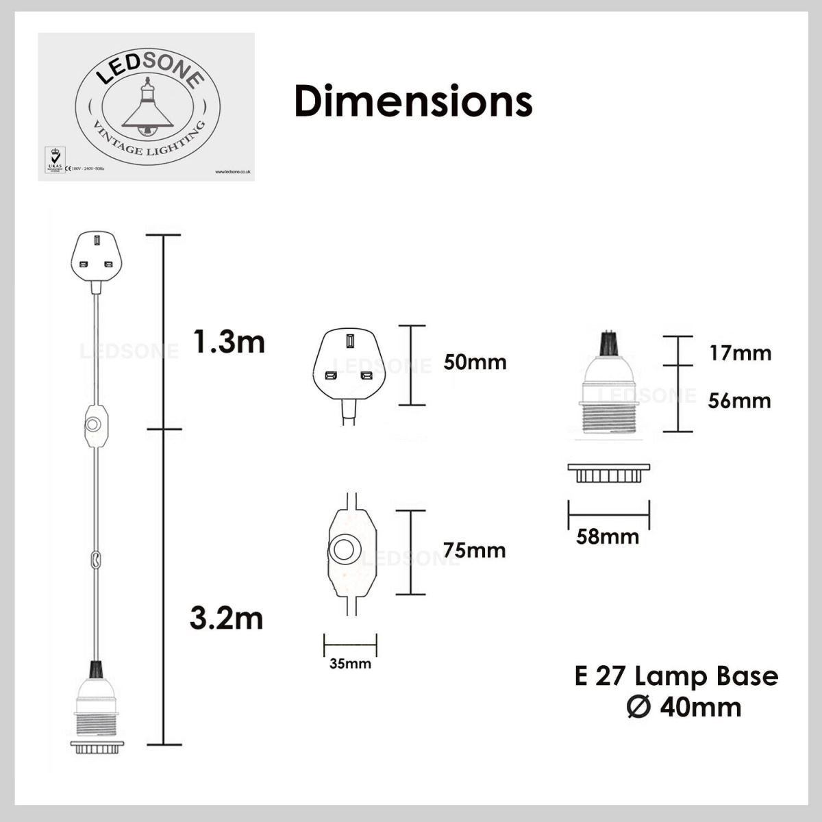 Brown color dimmer switch with 4.5m fabric flex cable, ideal for desk lamps and sidelights.