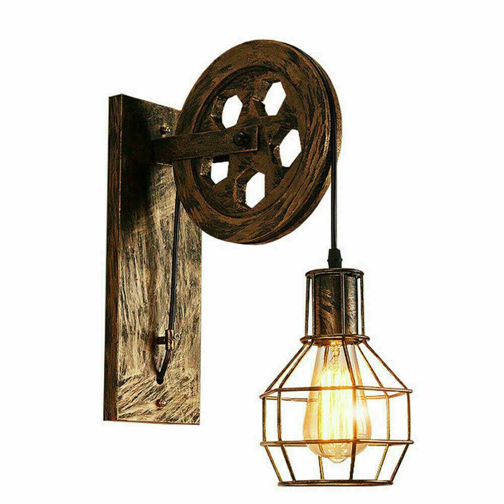 Brushed Copper Vintage Wheel Wall Light featuring a retro design with iron and wood materials, adjustable height, and a rustic finish.