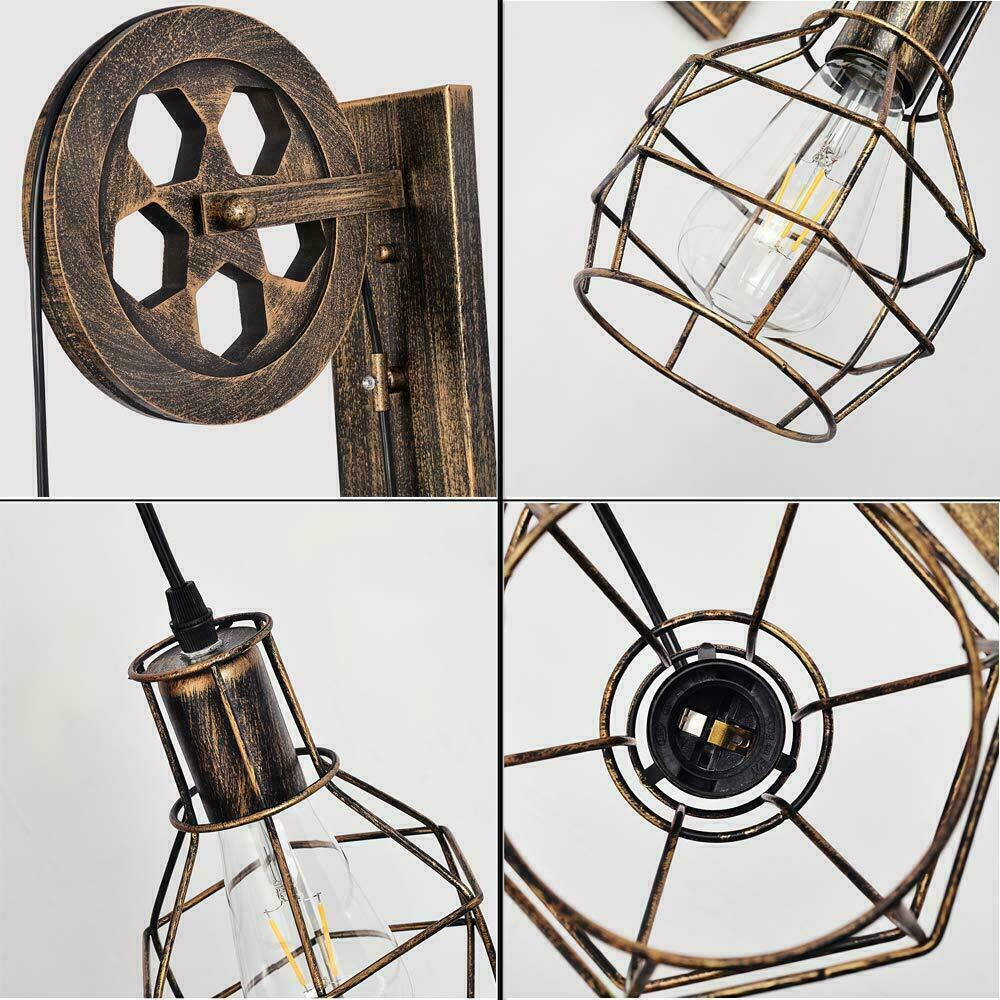 Brushed Copper Vintage Wheel Wall Light featuring a retro design with iron and wood materials, adjustable height, and a rustic finish.