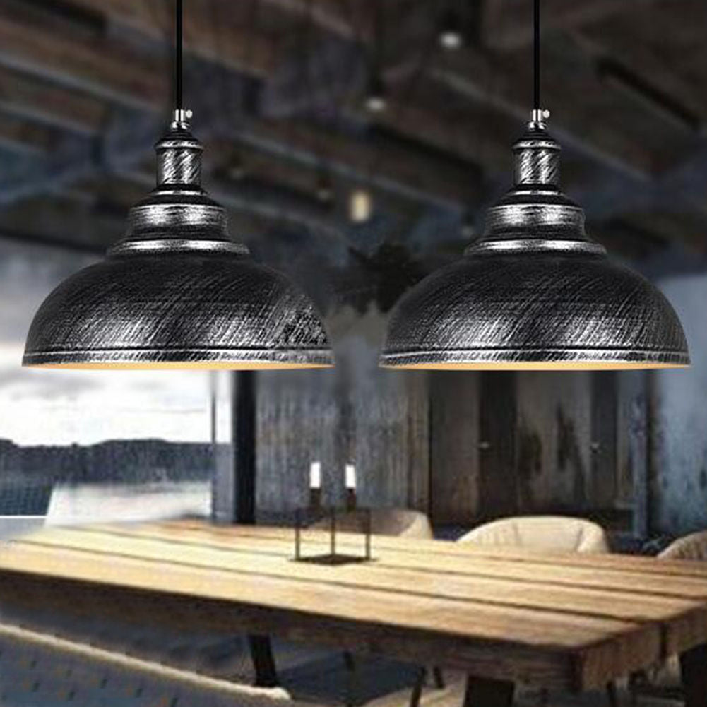 Brushed Silver Ceiling Pendant Retro Lamp with black fabric cable, showcasing its industrial design and vintage charm.