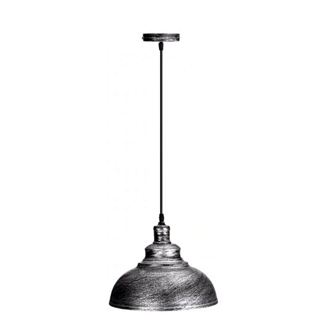 Brushed Silver Ceiling Pendant Retro Lamp with black fabric cable, showcasing its industrial design and vintage charm.