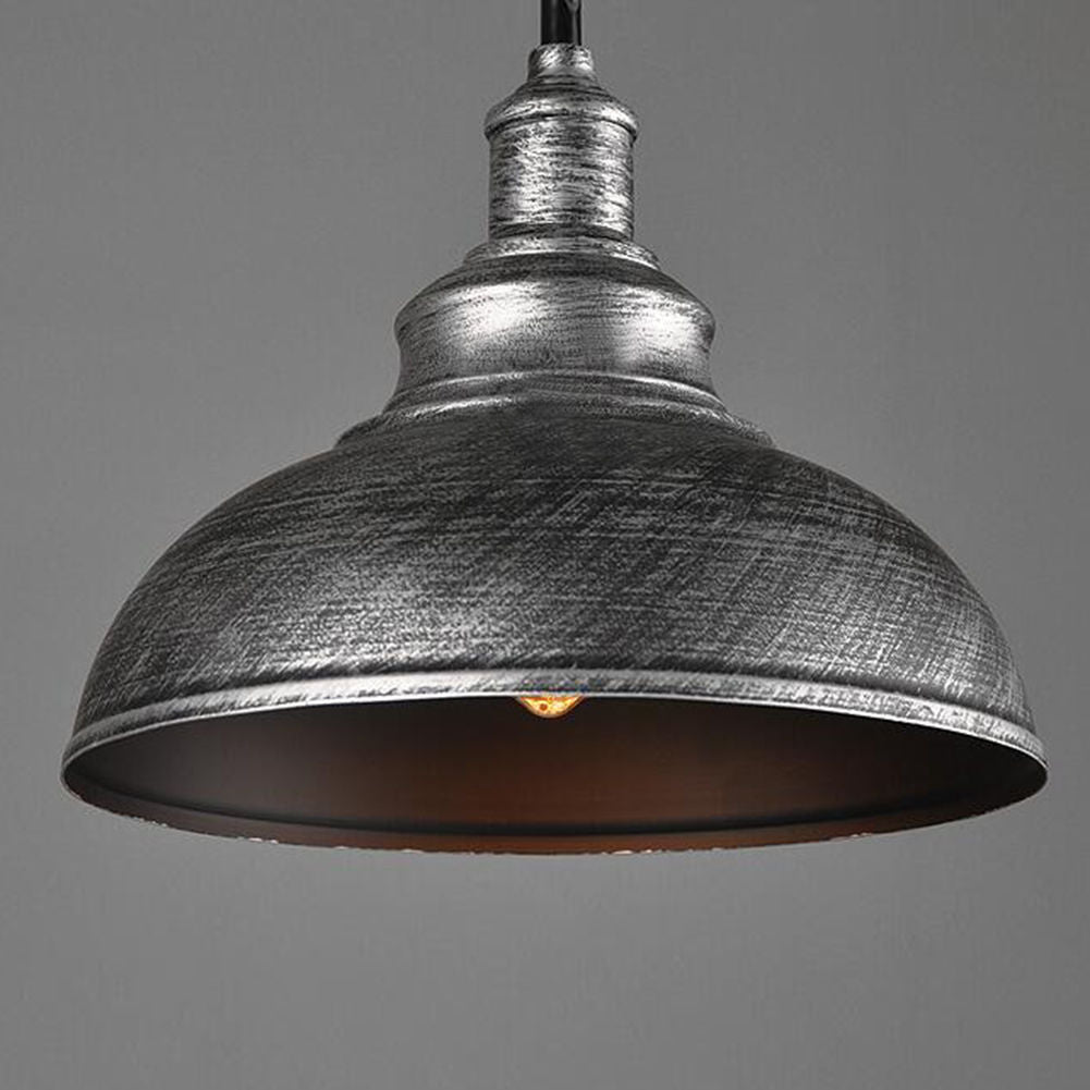 Brushed Silver Ceiling Pendant Retro Lamp with black fabric cable, showcasing its industrial design and vintage charm.