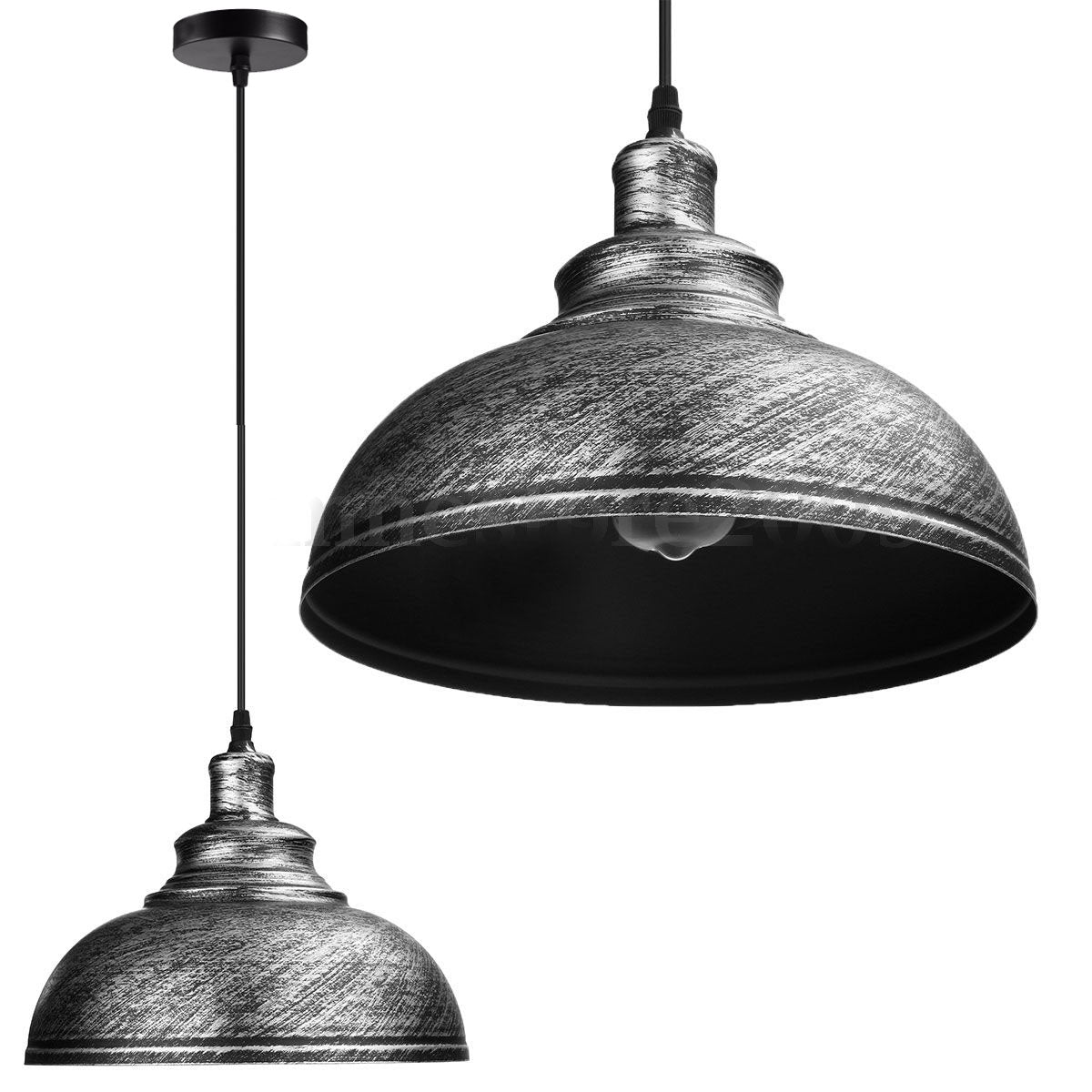 Brushed Silver Ceiling Pendant Retro Lamp with black fabric cable, showcasing its industrial design and vintage charm.