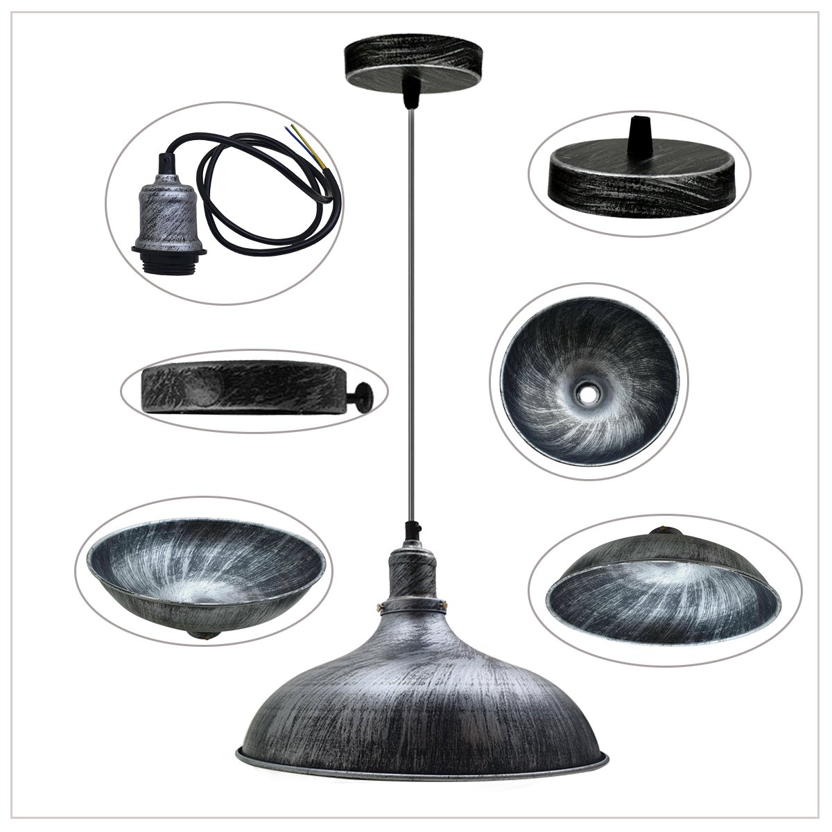 Brushed Silver Industrial Retro Ceiling Pendant Light with a dome shade, adjustable wire, and vintage design, perfect for indoor spaces.