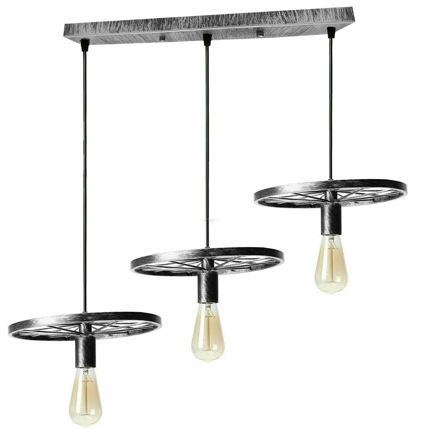 Brushed Silver Iron Wheel Chandelier showcasing retro industrial design with three light holders and adjustable cables.