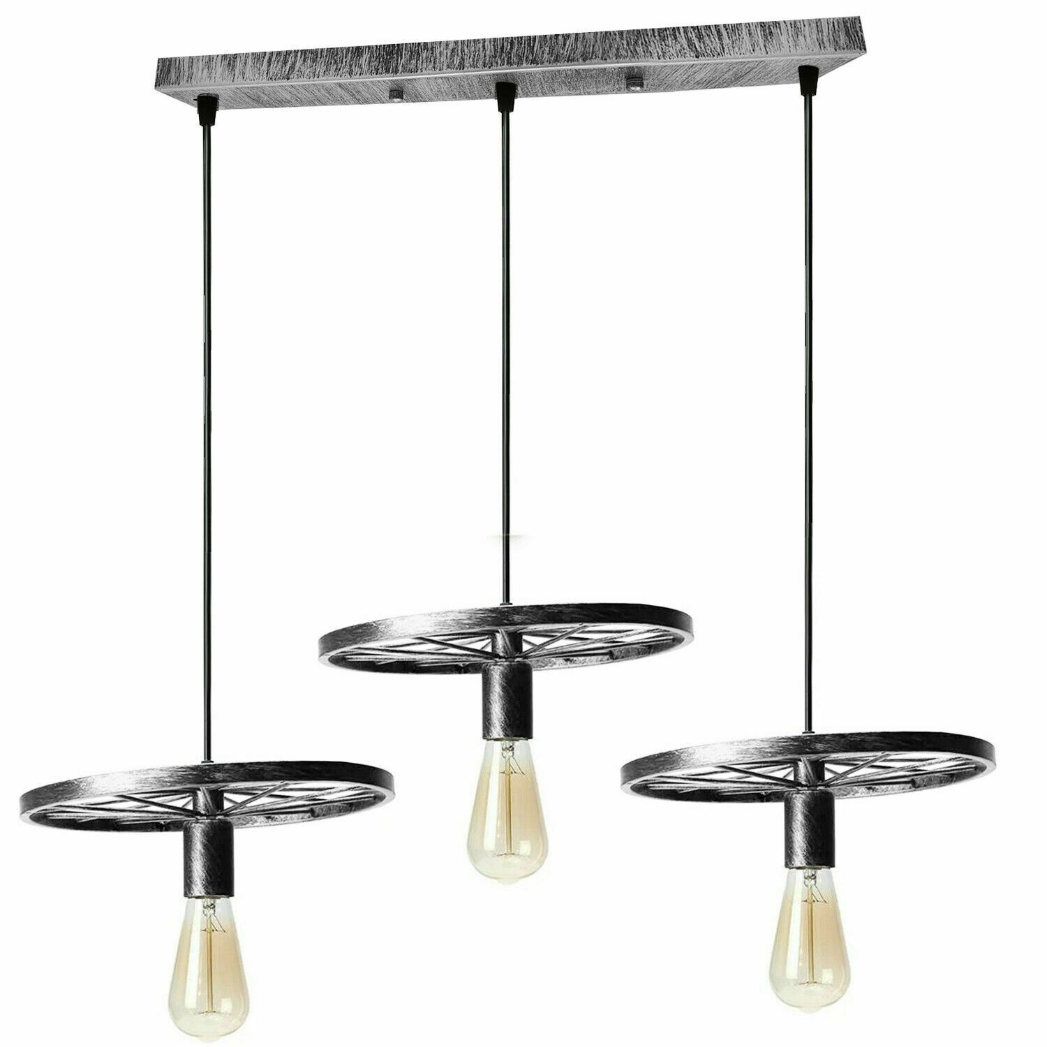 Brushed Silver Iron Wheel Chandelier showcasing retro industrial design with three light holders and adjustable cables.