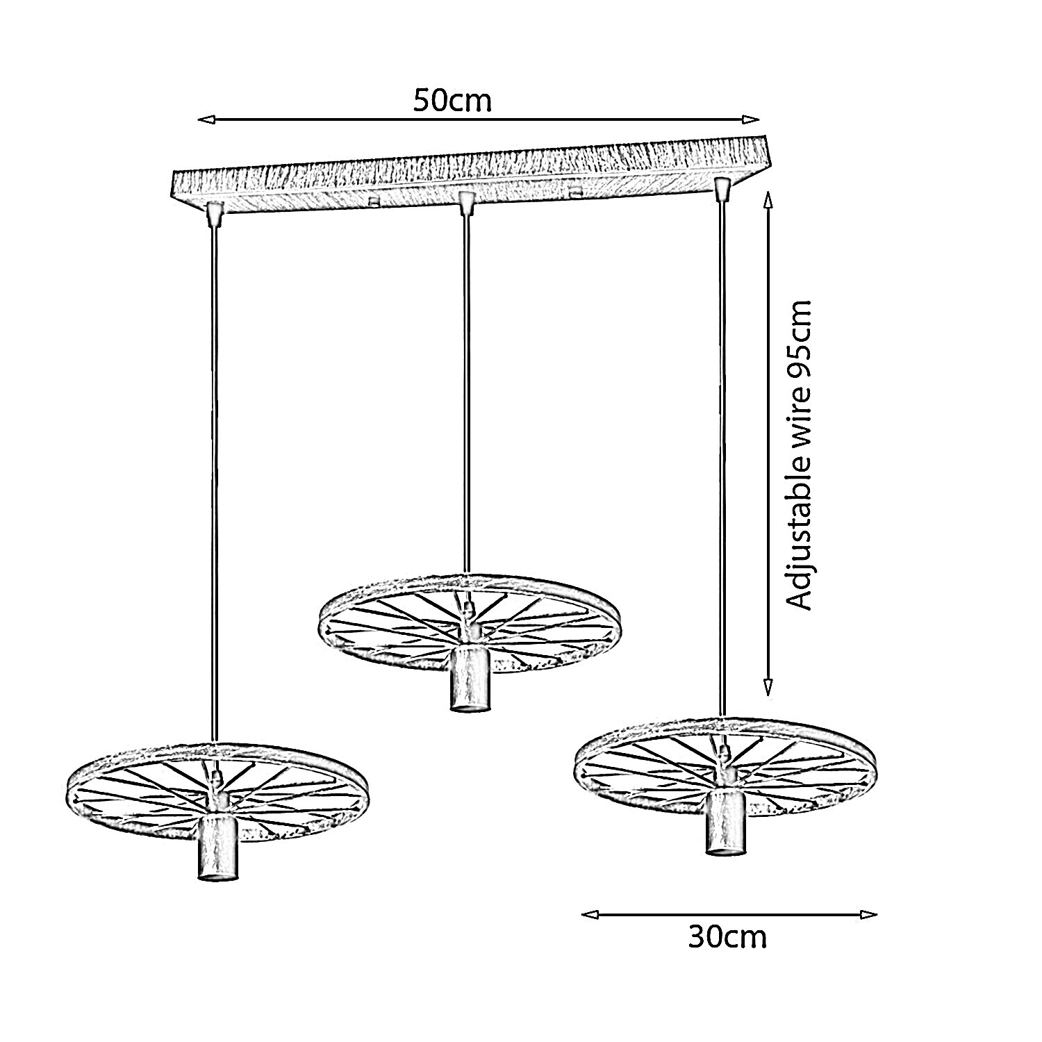 Brushed Silver Iron Wheel Chandelier showcasing retro industrial design with three light holders and adjustable cables.