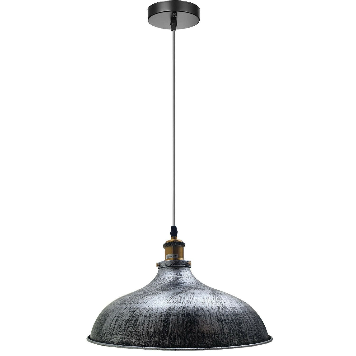 Brushed silver metal industrial hanging pendant light with adjustable cable, showcasing vintage design and metal shade.